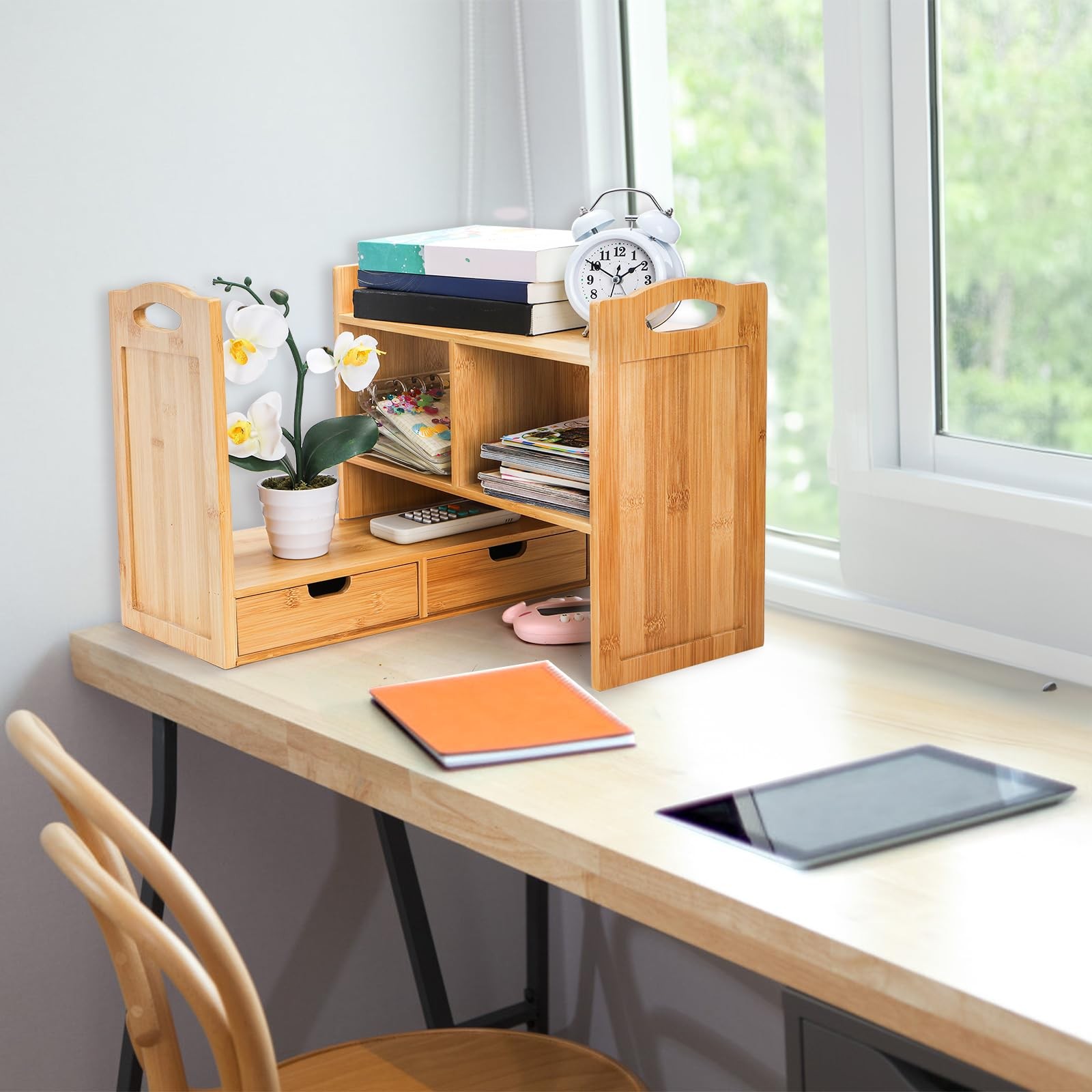 Eorbow Bamboo Desktop Bookshelf, Expandable Counter 15″ x 12″ x 6.5″, Natural