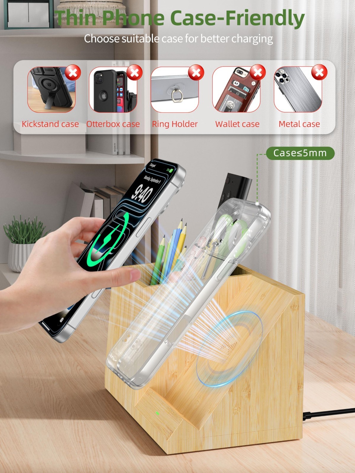 Multifunctional Bamboo Desk Organizer with Wireless Charger & Pen Holder – Fast