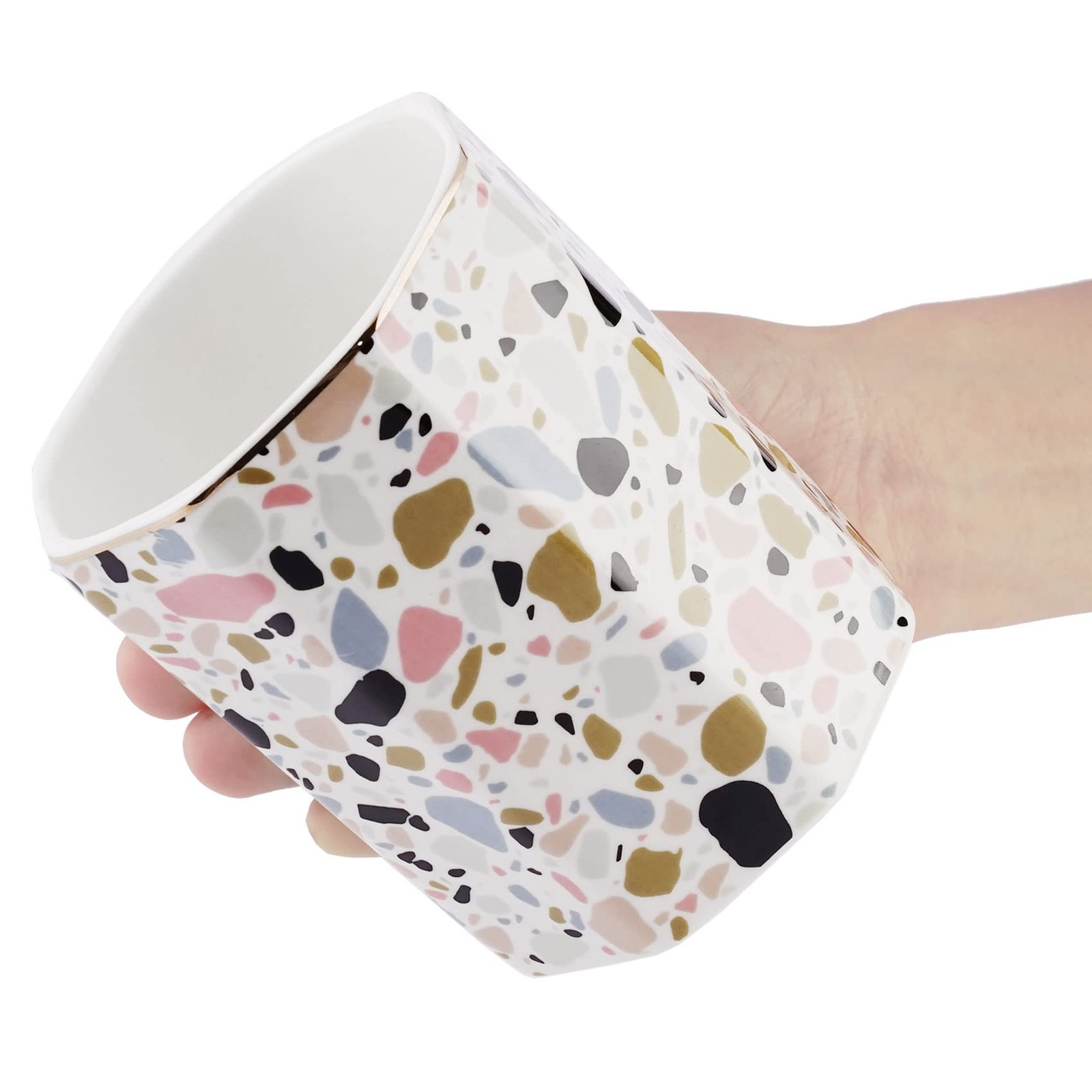 Pen Holder, Makeup Brush Holder Ceramic Shiny Gold Terrazzo Marble Stone Patt