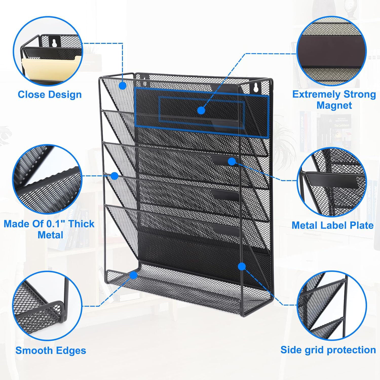 Magnetic File Organizer Mesh 6-Tier, Hanging Wall Mount File Organizer Vertical