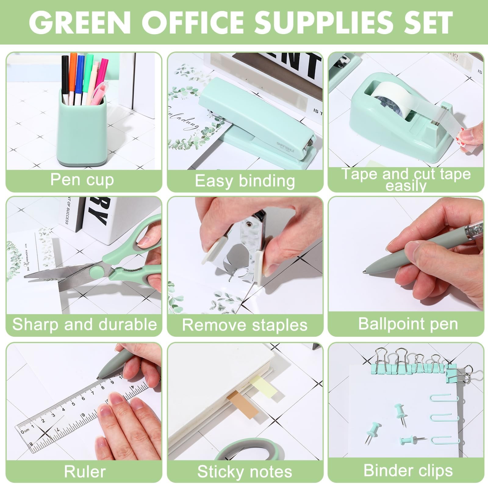 12 Pcs Sage Green Office Supplies Desk Accessories Set Pen Holder Tape Dispen…