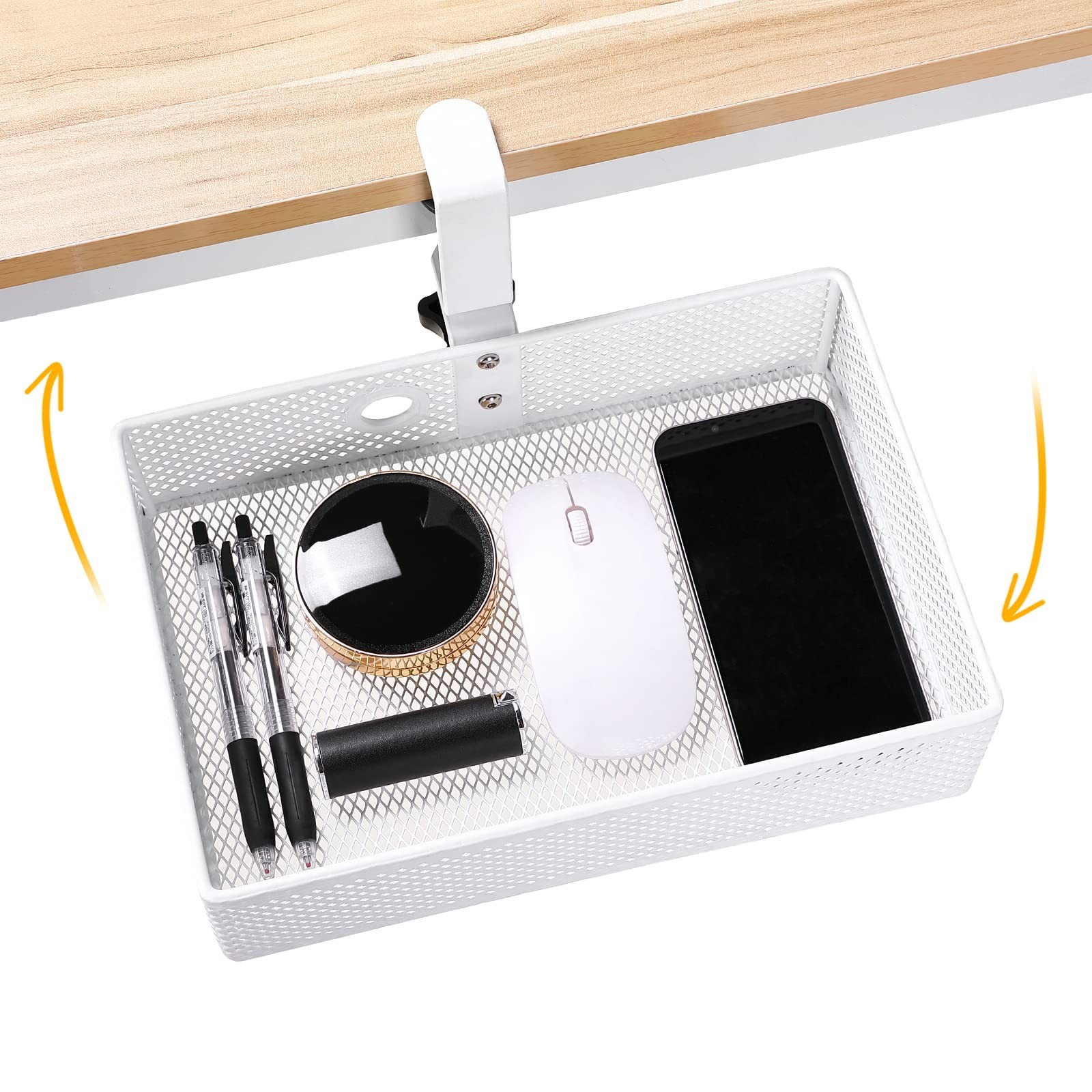 Clamp~On Mesh Desk Organizer with Swivel Pencil Drawer, White