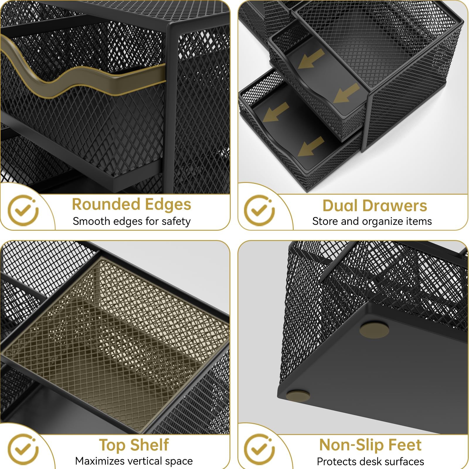 ReePlan Mesh Desk Organizer, Pen Organizer with 2 Drawers and 5 Black