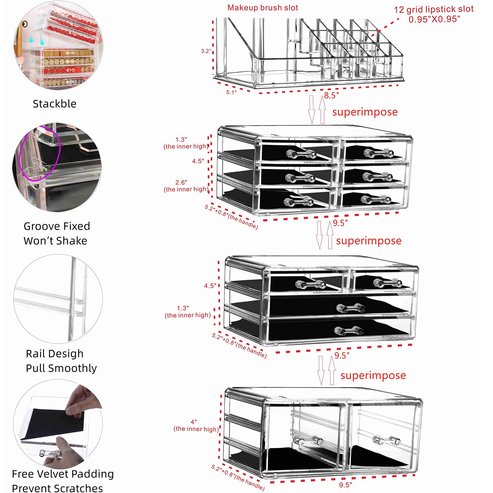 Cq acrylic 4 Pack Clear Makeup Organizer 12 Drawers,