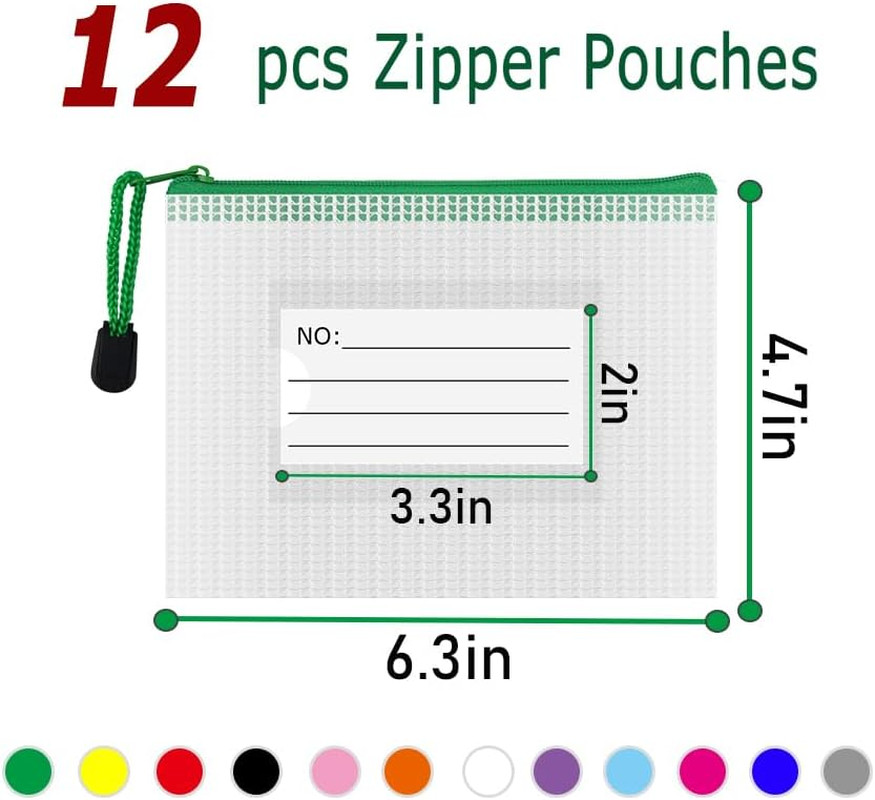 Plastic Mesh Zipper Pouch, 12Pcs Zipper File Bags with Label Pocket, Game Boards