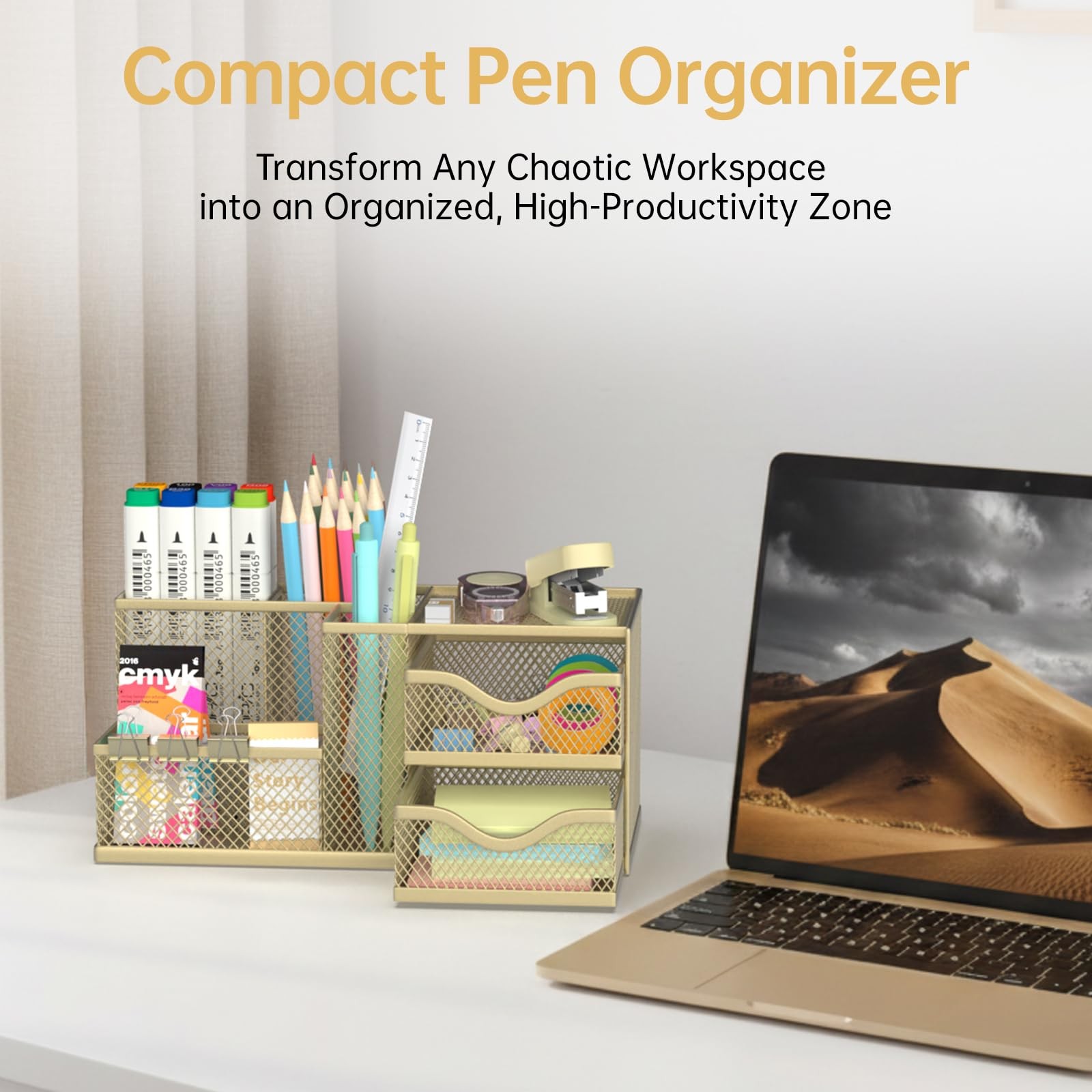 Mesh Desk Organizer, Pen Organizer with 2 Drawers and 5 Compartments, Versati…