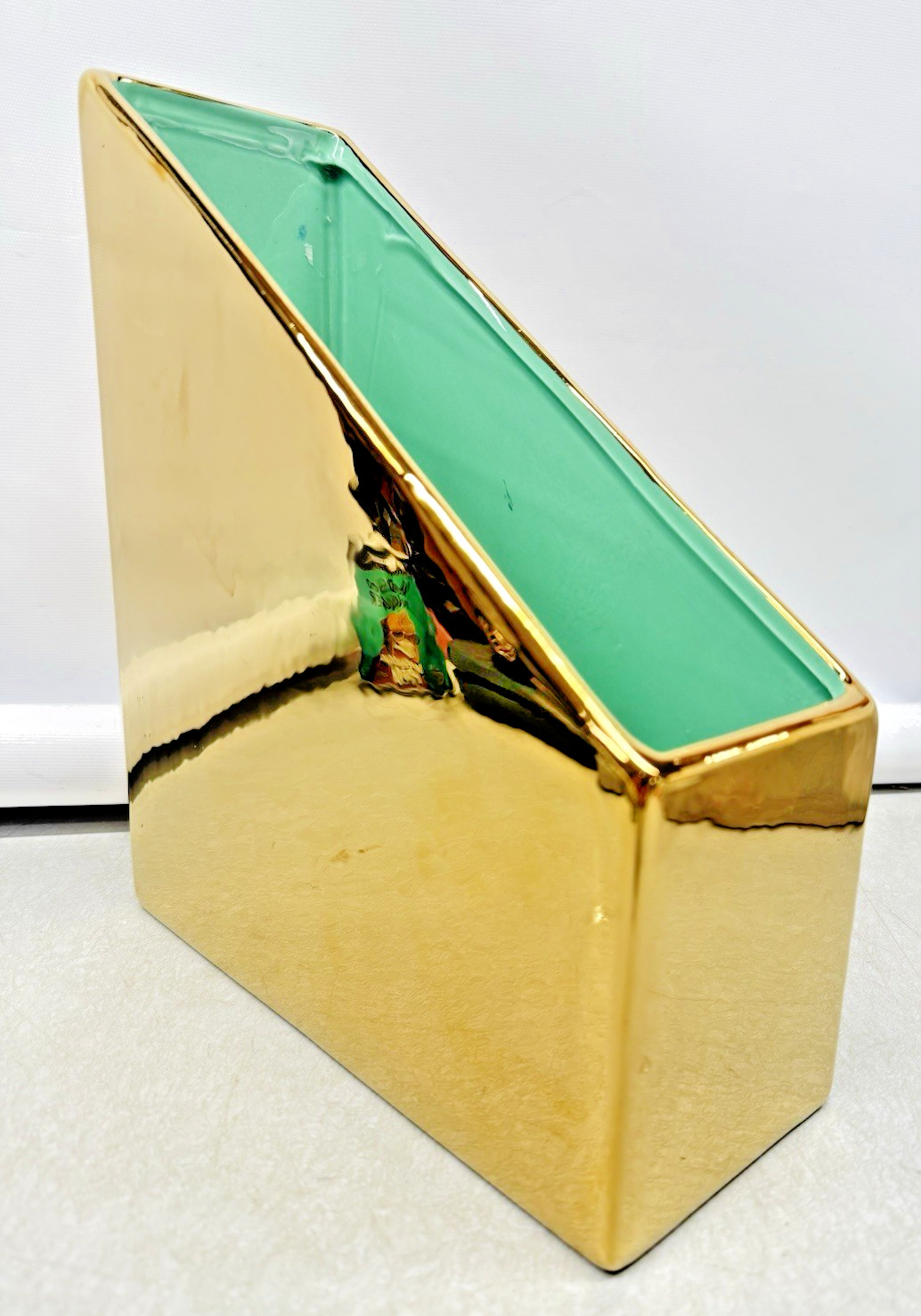 Gold Brass Tone Ceramic Magazine File Desktop Organizer Holder 10 Straweberry St