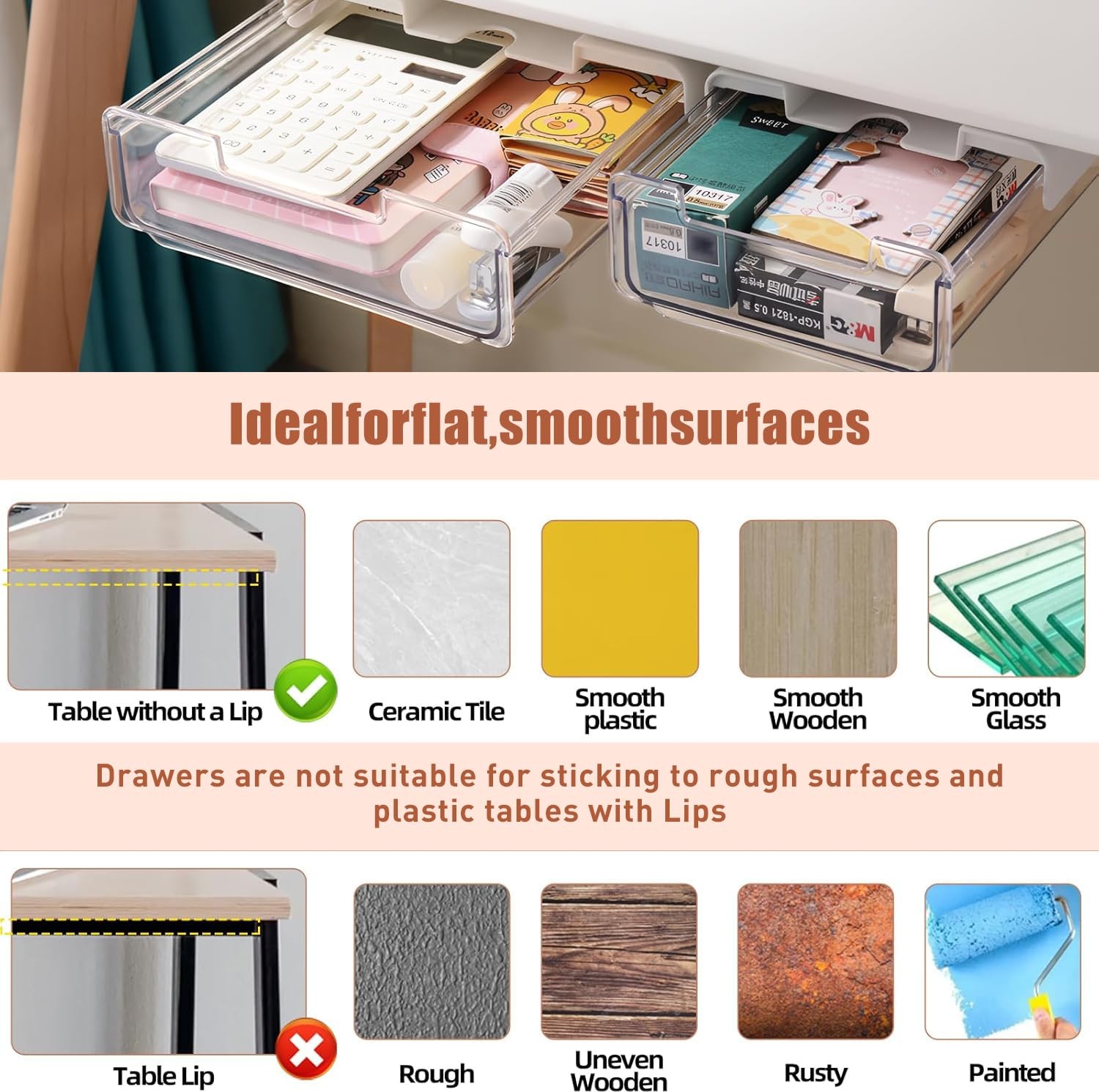 2 Pack Under Desk Storage Drawers Slide Out-Drill-On or Self-Adhesive,Large&M…