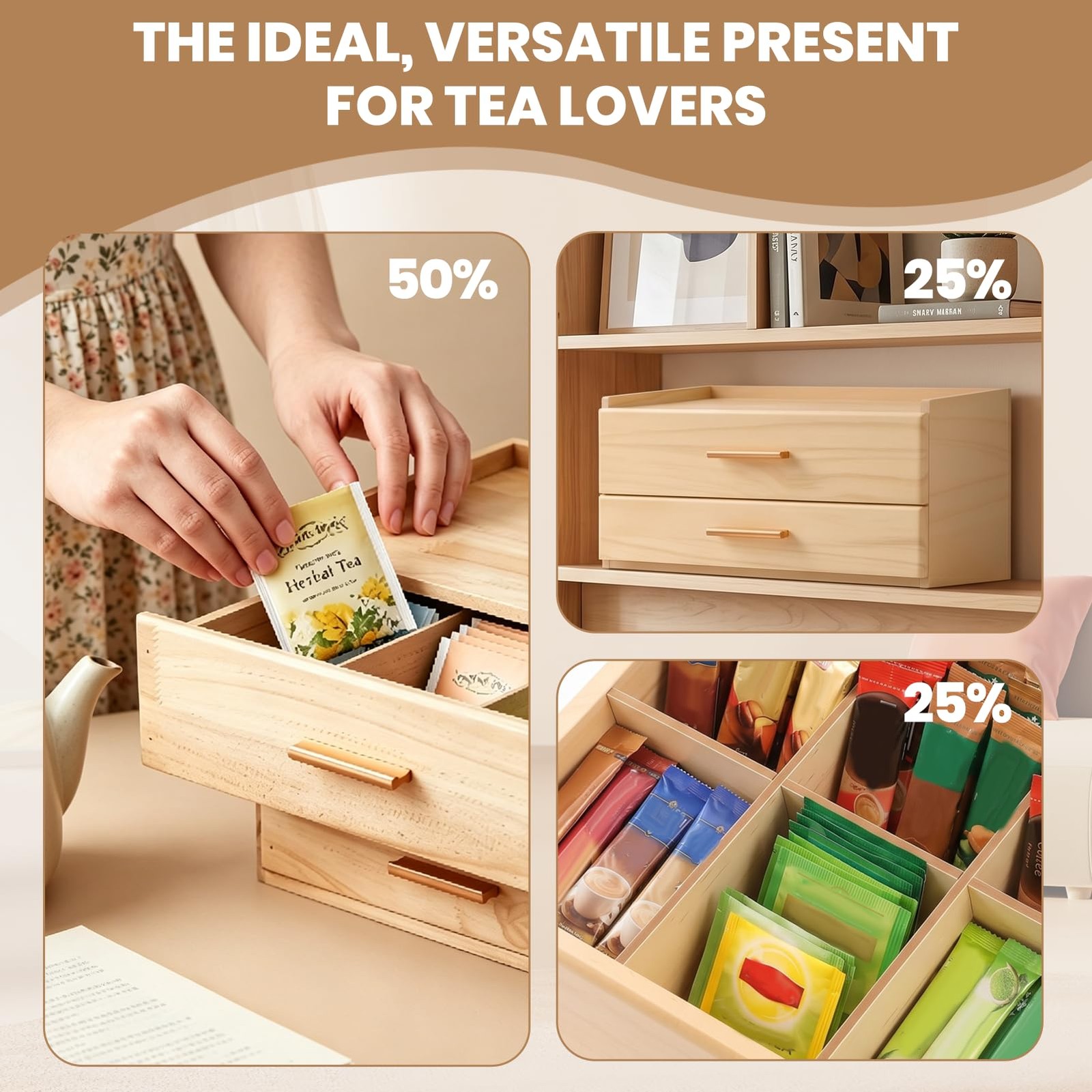 MEKOTRIN Wooden Tea Box Organizer, Double-Drawer #312, Natural Wood Color
