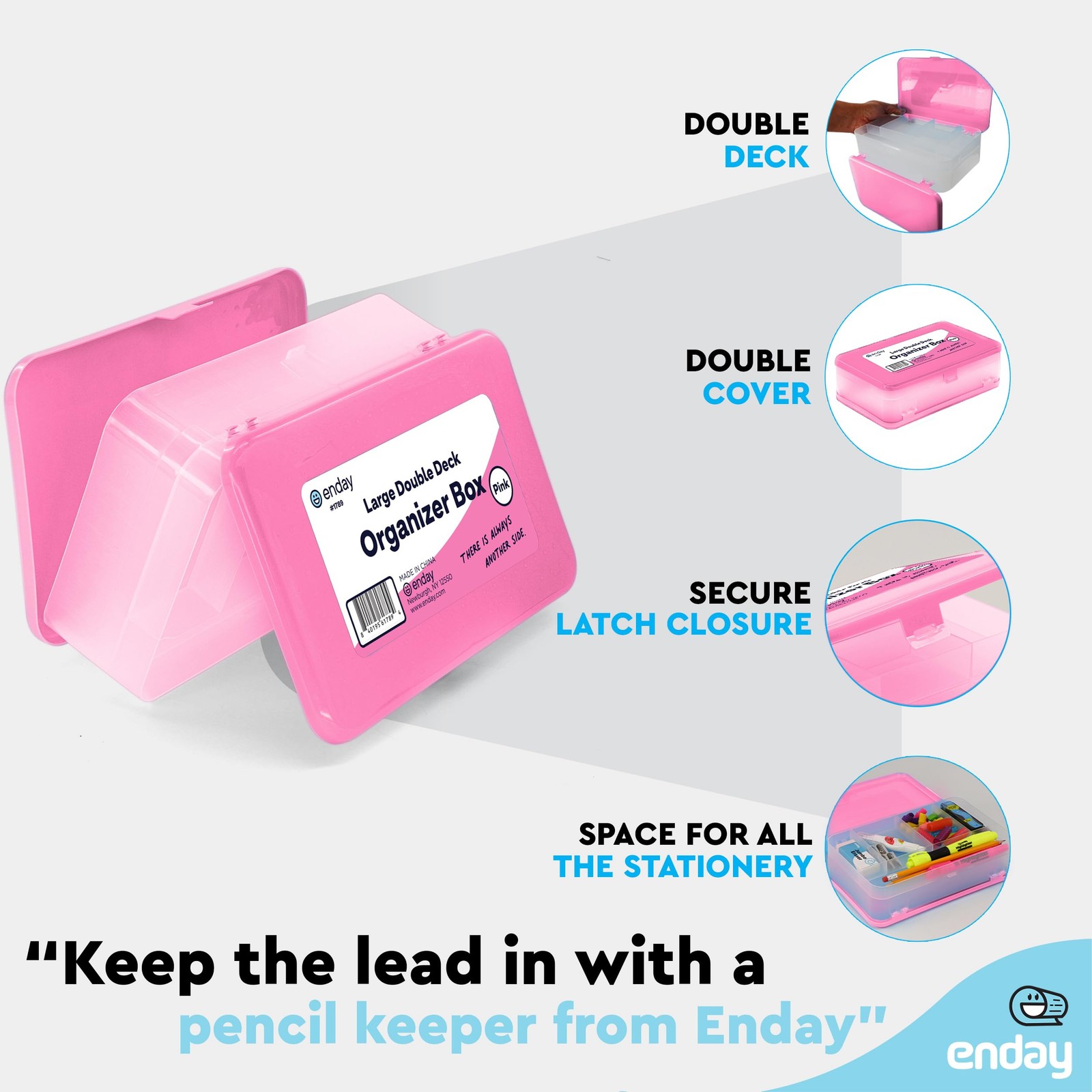 Large Plastic Pencil Box Double Layer Storage Case 12 Compartments Pink