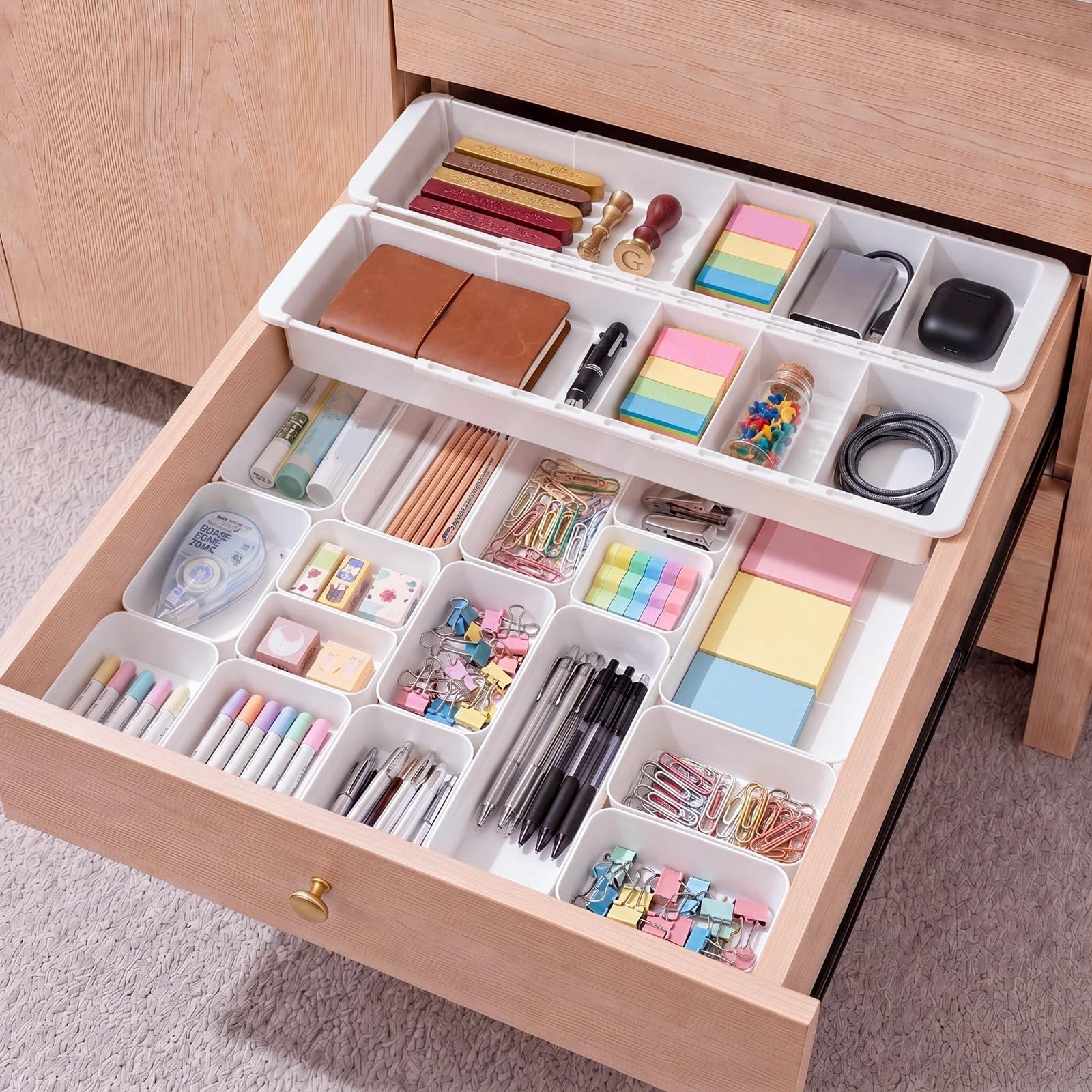 27 Pcs Deep Drawer Organizer Bulk, 2 Expandable Hanging Trays with Plastic Dr…
