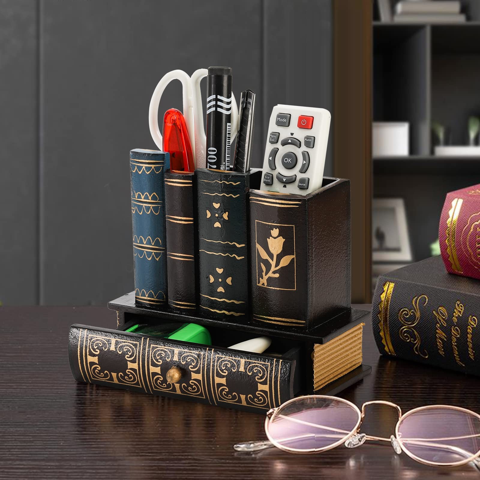 Decorative Pen Holder with Storage Drawer, Wooden Pencil Holder Organizer, An…