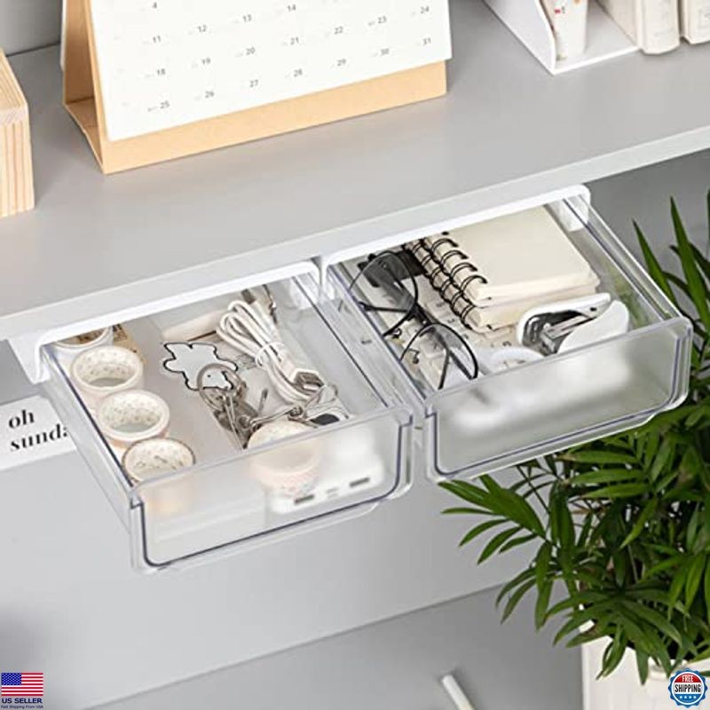 2 Pack Self-Adhesive Under Desk Drawer Organizer – Large White Slide-Out Trays