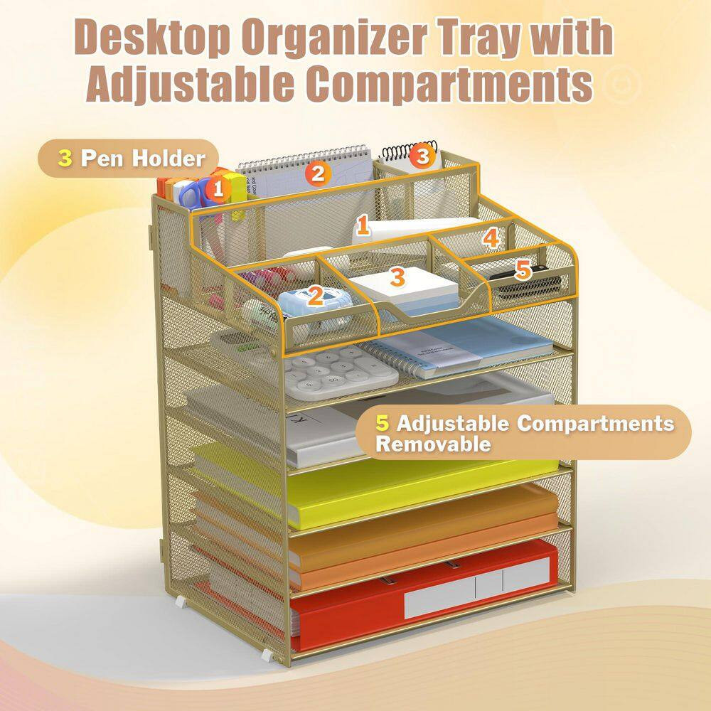 1-Pack Gold Yellow Mesh Desk Organizer 6-Tier Adjustable Letter Tray with 3 Pen