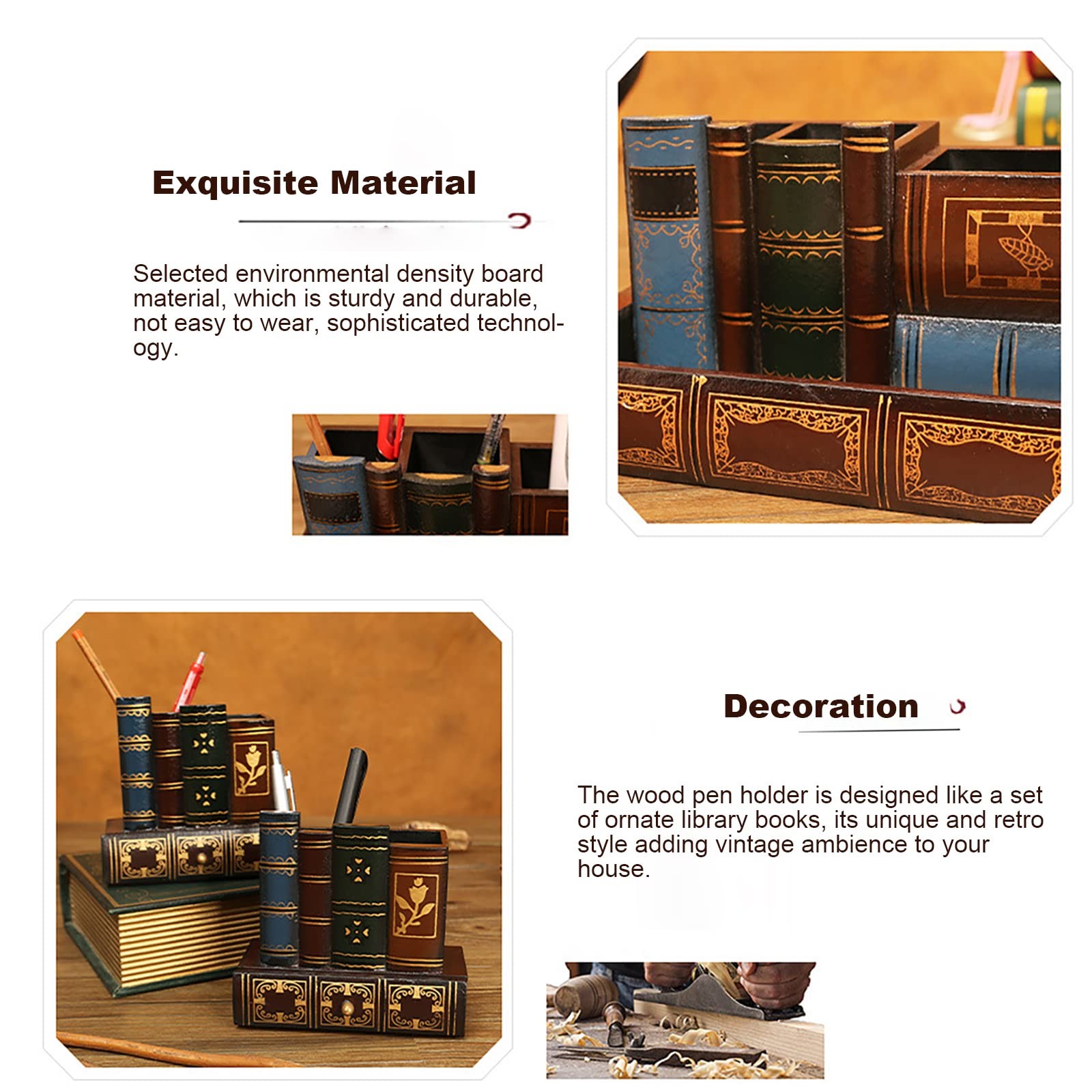 Sokelinn-six Wood Pen Holder Library Book Shaped, Wooden Pencil Holders brown