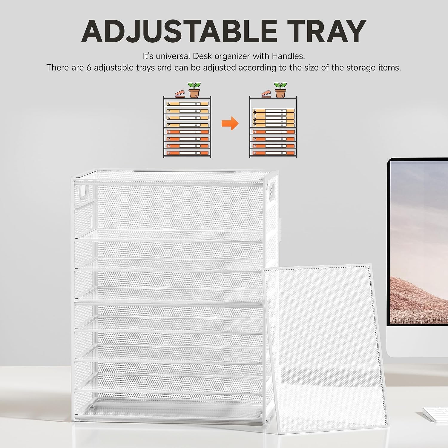 SUBEKYU 9 Tier Paper Letter Tray Desk Organizer with Handles – White Metal Mesh