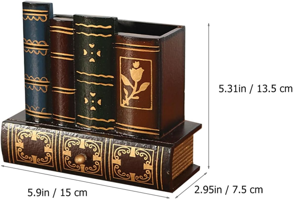 Kisangel Retro Wooden Pen Holder with Drawer Vintage Pencil Container Compact