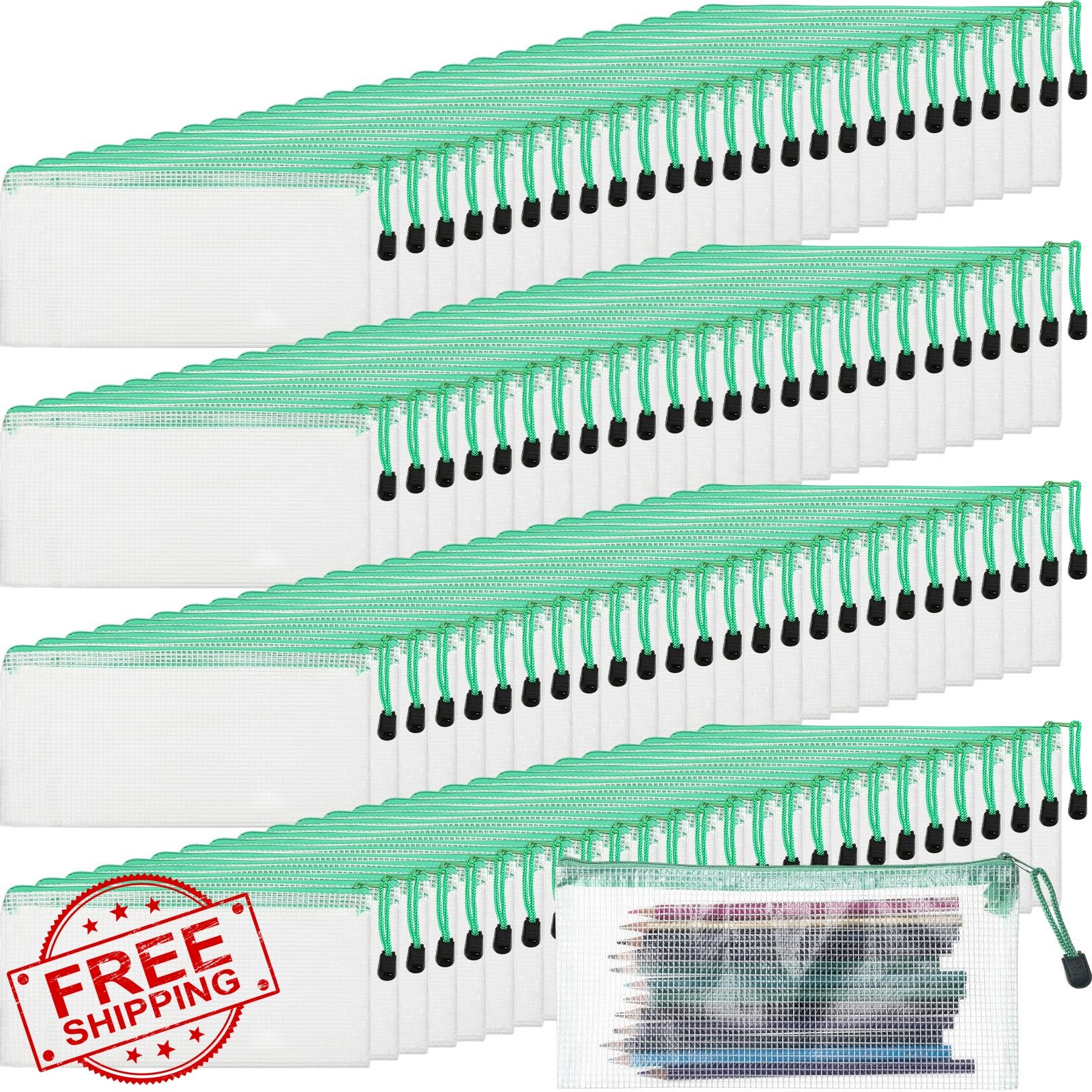 Handepo 100pk White Pouch Green Zipper Mesh Pouches