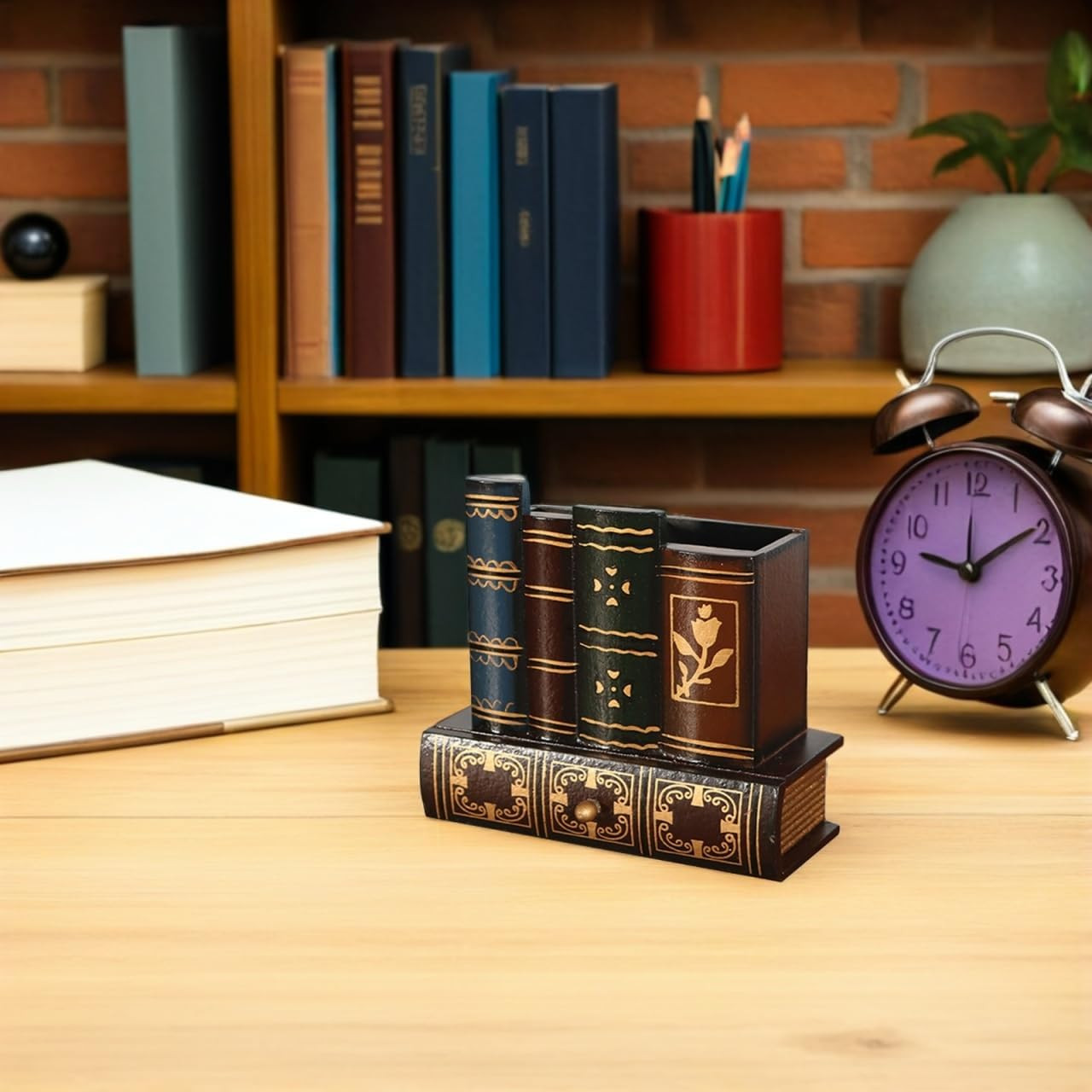 Kisangel Retro Wooden Pen Holder with Drawer Vintage Pencil Container Compact
