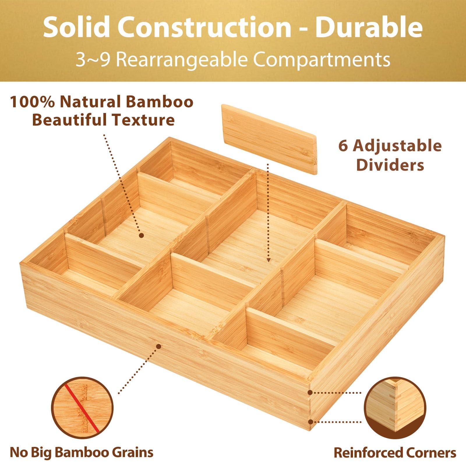 Umilife Bamboo Desk Drawer Organizer, Wood Junk Organizer Tray with Adjustabl…