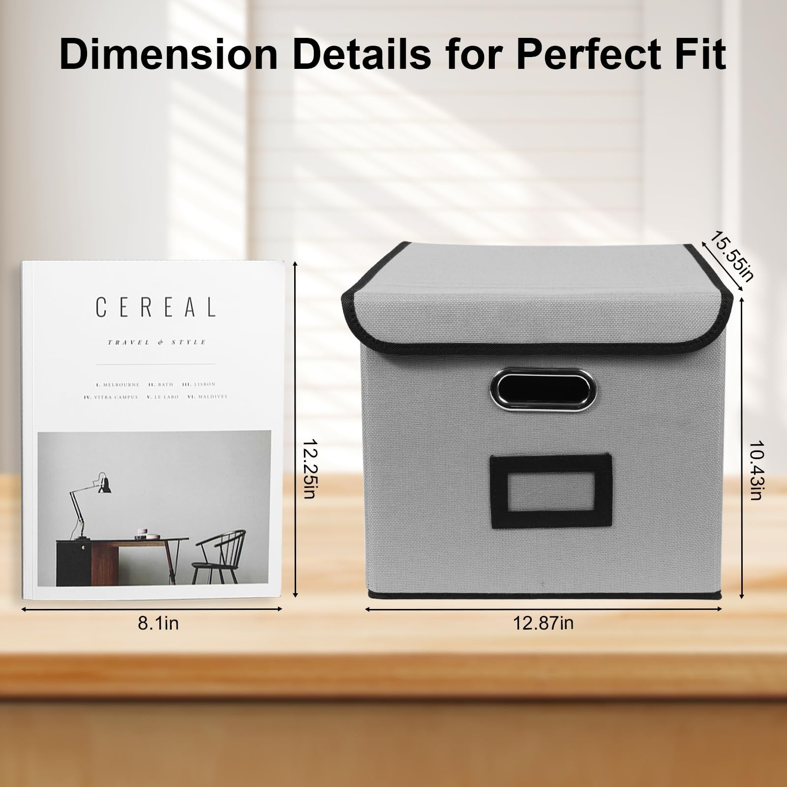 Tcbelosion File Storage Box with Lid, 15.55×12.87×10.43 Inches, Foldable Grey