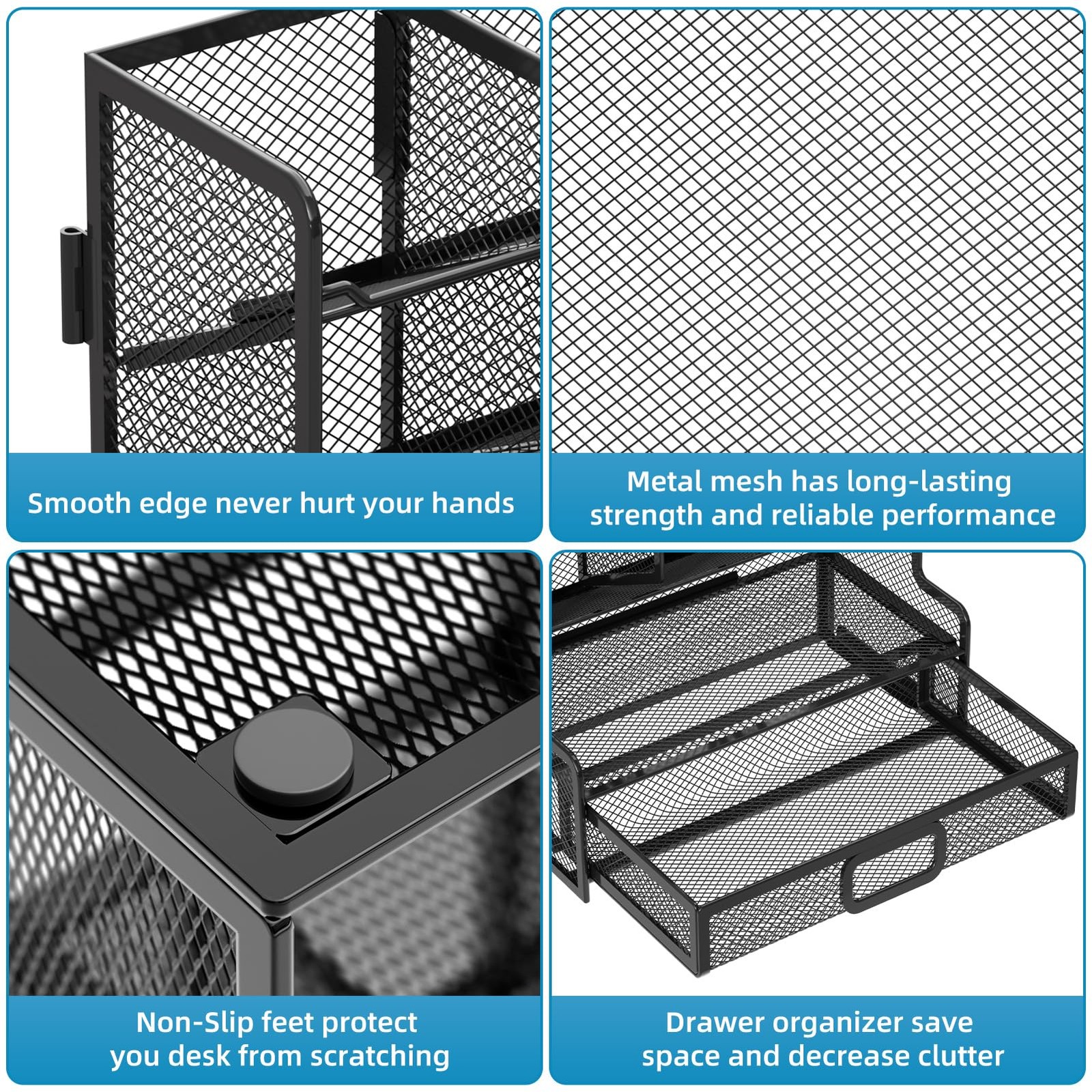 Larger Mesh Desk Organizer with Drawer, Multi-Functional Pen Pencil Holder, E