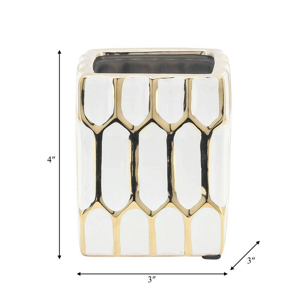 White Gold 3 In. X 4 In. Ceramic Square Pen Holder Desk Accessories with Dynasty