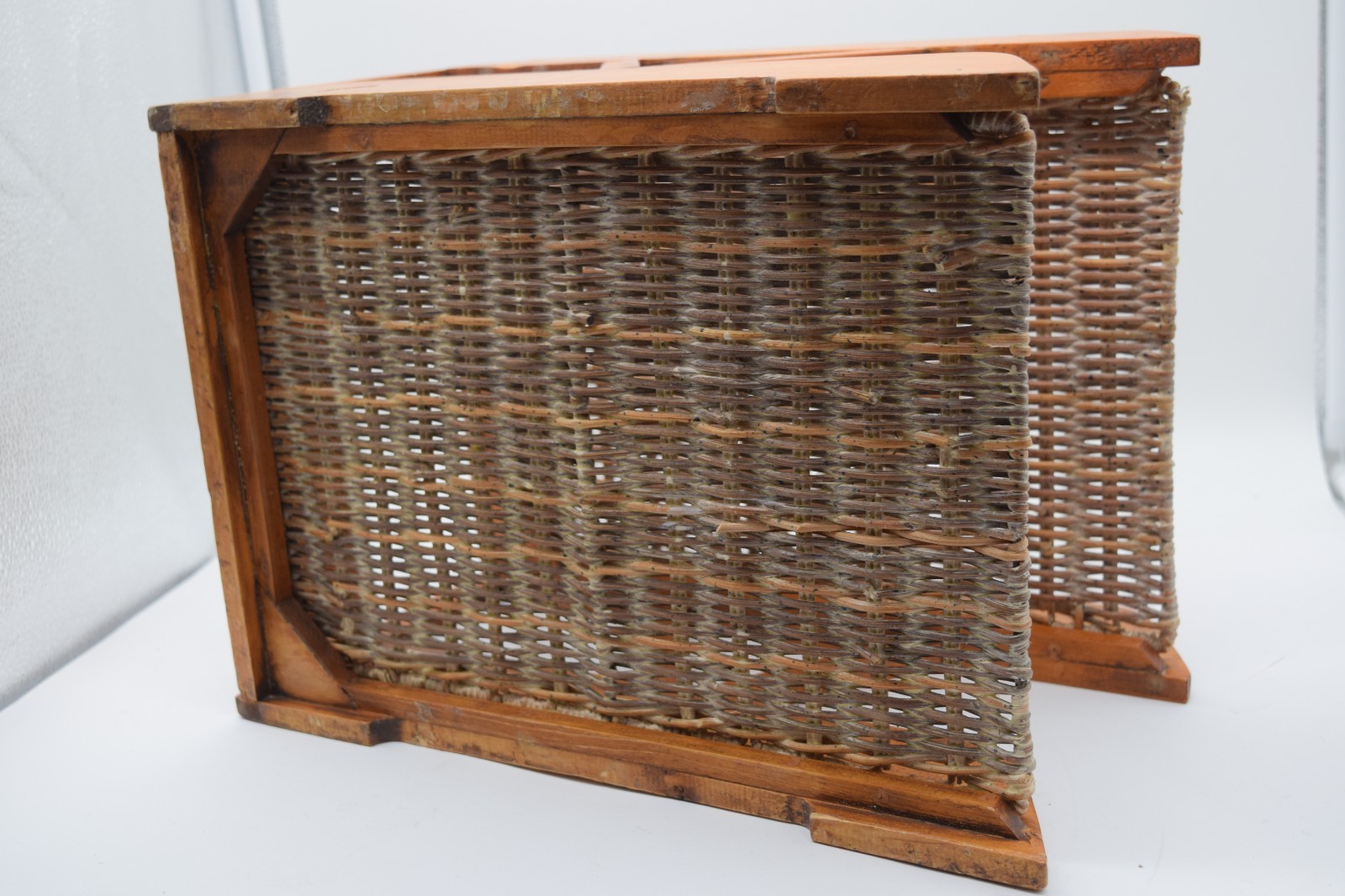Vintage Wood Letter Tray Desk Organizer Woven Rattan 2 Tier Office Holder