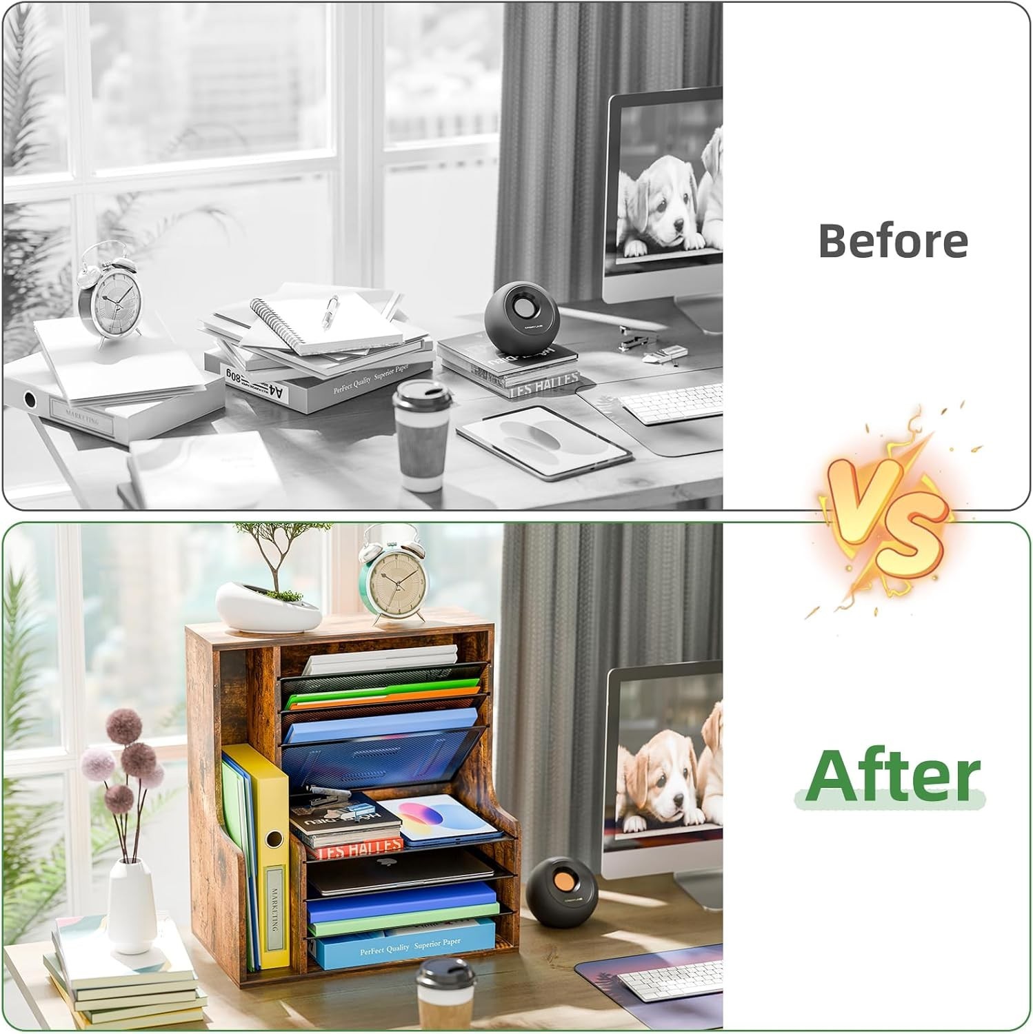 7 Tier Wooden Desk File Organizer with Adjustable Metal Mesh Shelves and Side