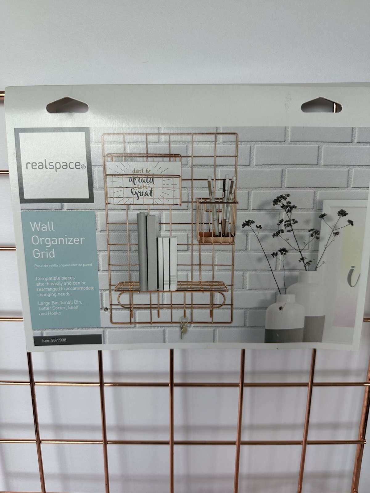 Realspace Rose Gold Wire Hanging Organizer System 1 Wall Grid & 2 Large Bins New