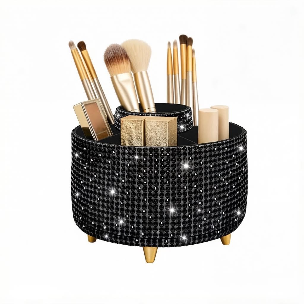 Bling Makeup Brush Holder,360° Rotating Diamond Black