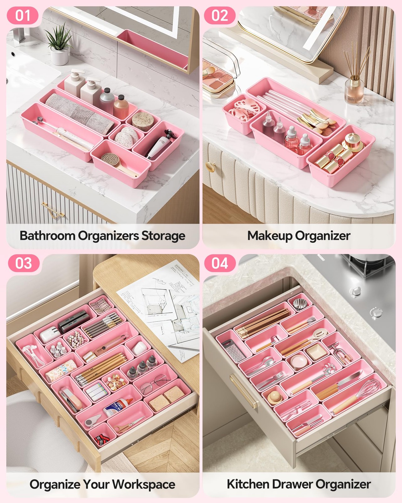 Canfanni 13 Pack Plastic Drawer Organizers Set, 3 Sizes Desk Pink