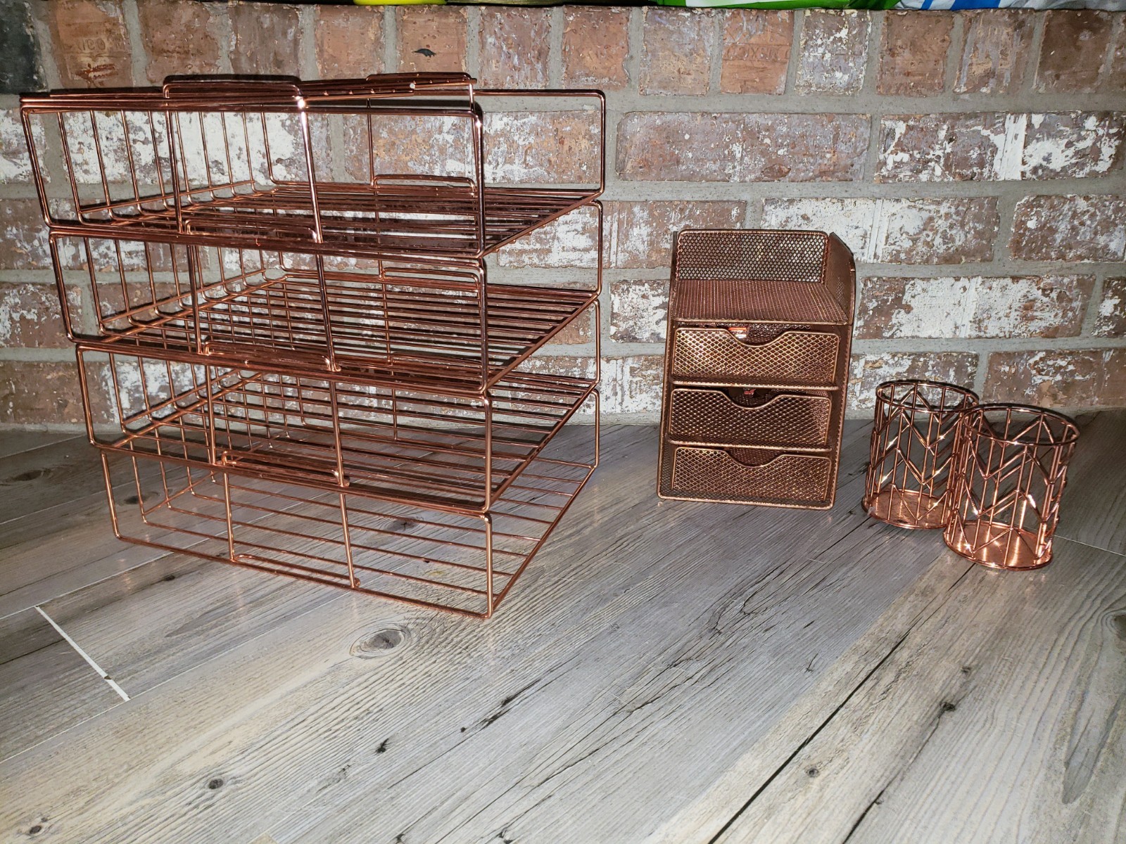 Rose Gold Desk Accessories, 7-Tier Desk Organizer with Paper Holder, Cups, Sto..