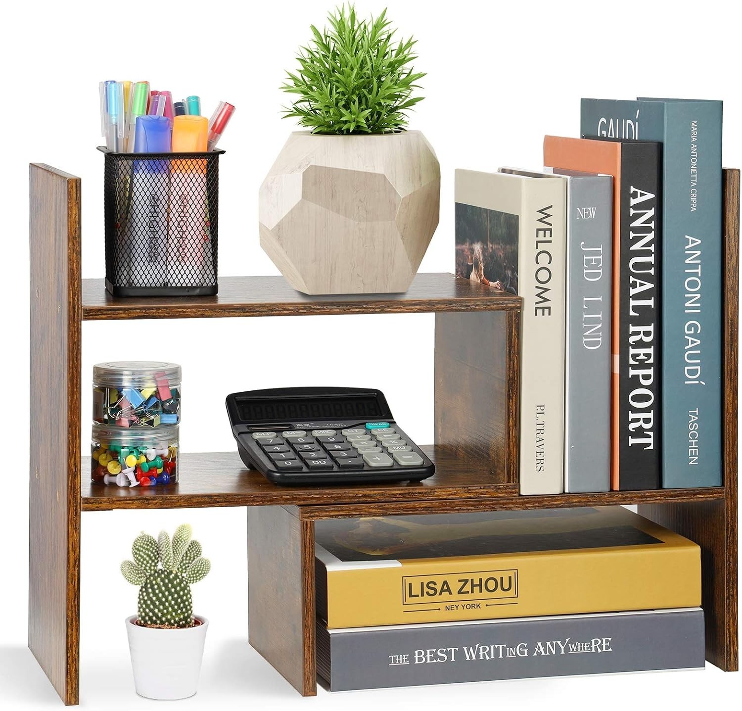 Expandable Wood Desktop Bookshelf – Minimalist Adjustable Organizer for Offices