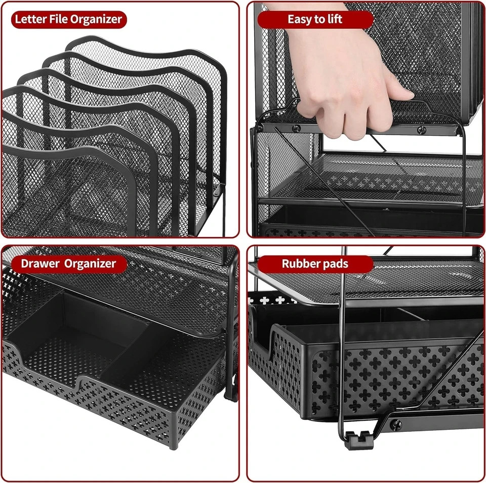 Desk File Organizer with Sliding Drawer Metal Mesh Double Tray and 5 Upright