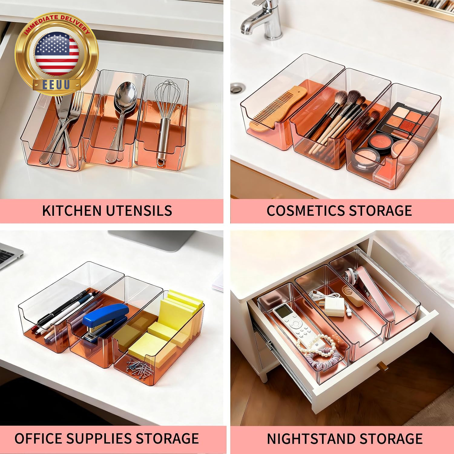 3Pcs Plastic Drawer Organizer, 3 Sizes Desk Drawer Divider Organizers and Contai