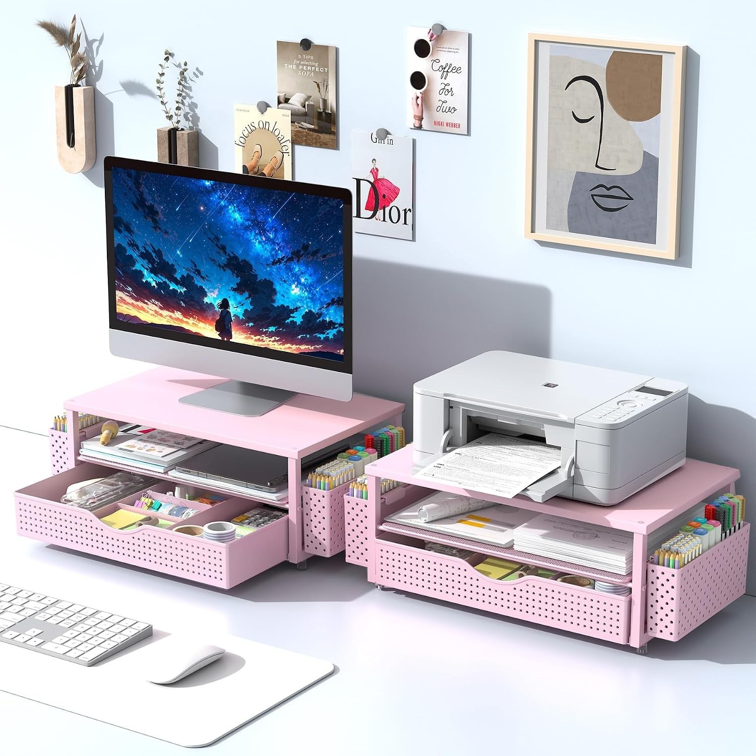 Ergonomic Desk Organizer: Pink Monitor Stand with Space-Saving Drawer & Holders