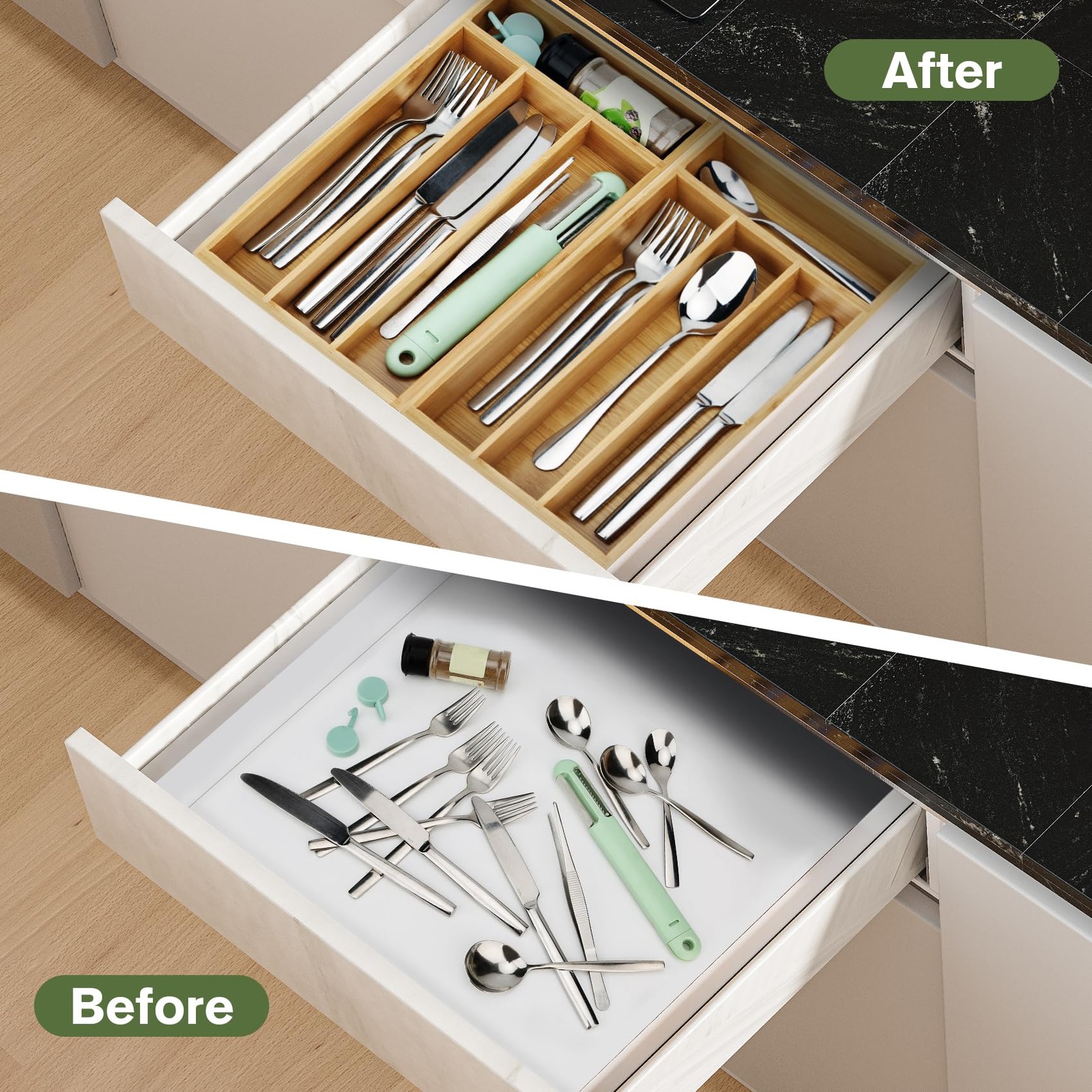 shenee Small Silverware Organizer, Bamboo Drawer Organize, Silver