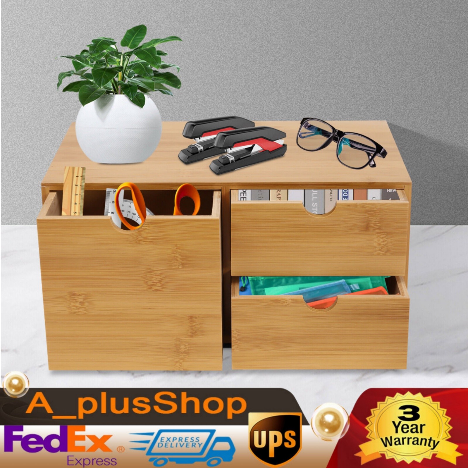 Desk Organizer Office Desktop Drawers Storage Bamboo Box Storage Recess Handle