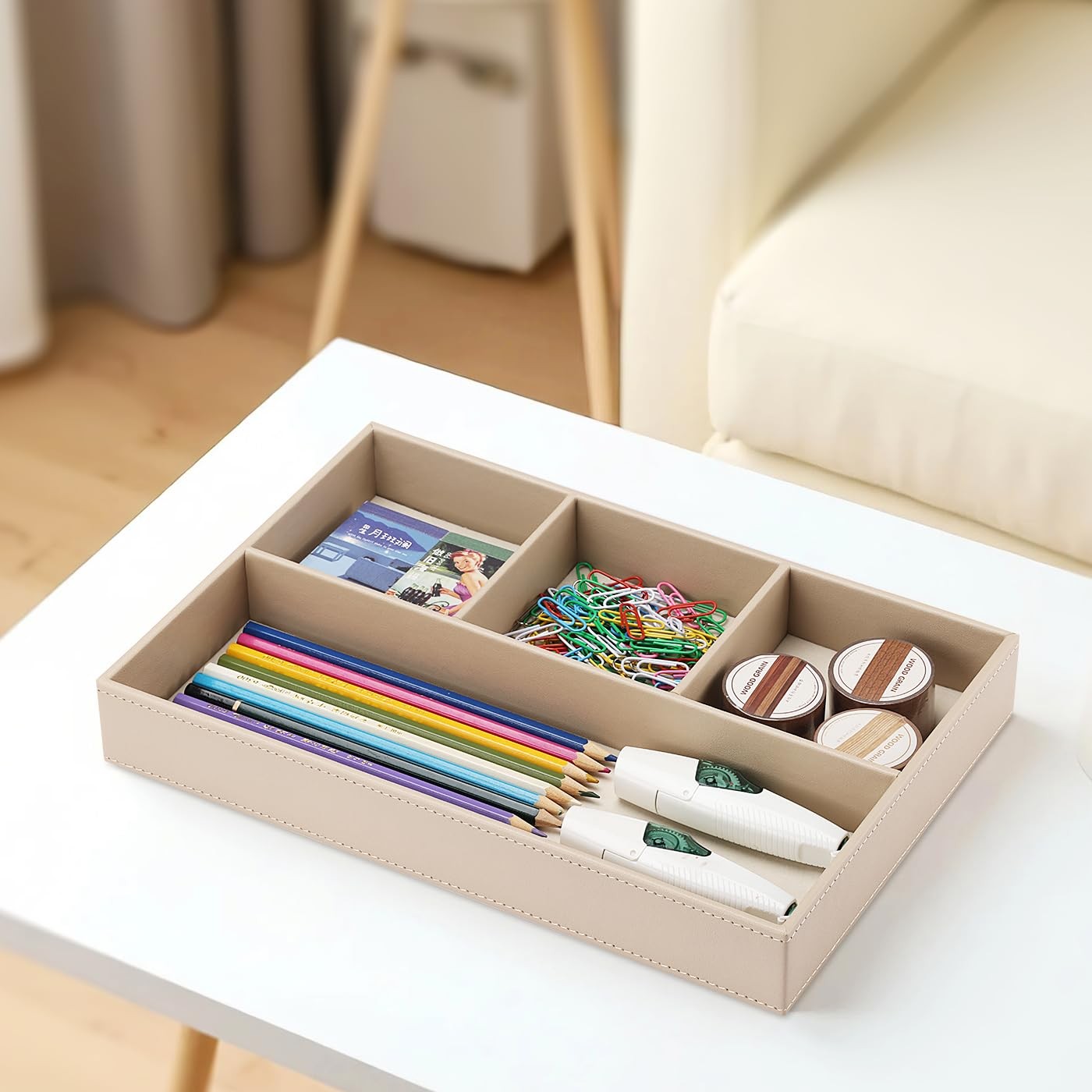 4-Slot Leather Drawer Tray Desk Stationery Sundries Organizer Storage Box Pen…