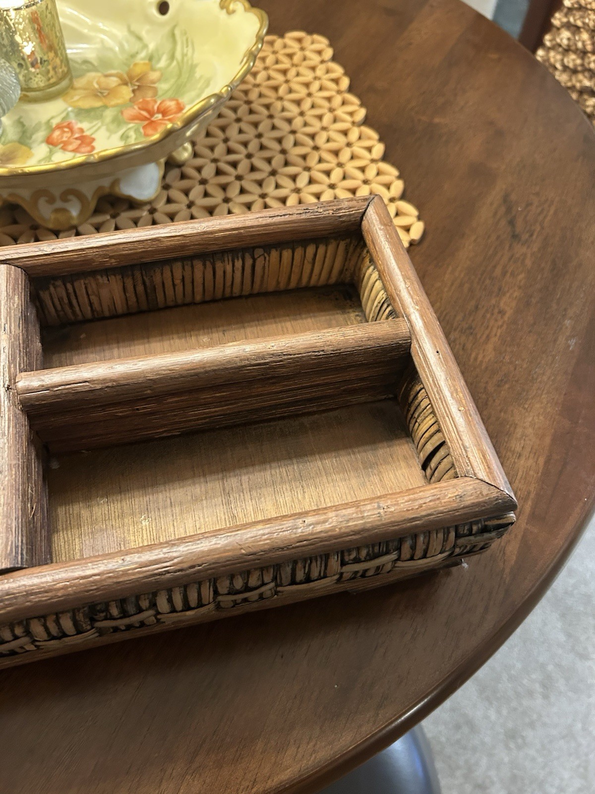 Vintage Wood & Woven Rattan Organizer Tray 4 Compartment Desk Caddy Rustic Boho