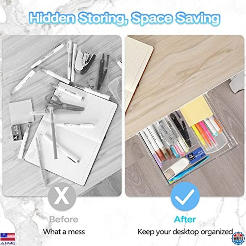 2 Pack Self-Adhesive Under Desk Drawer Organizer – Large White Slide-Out Trays