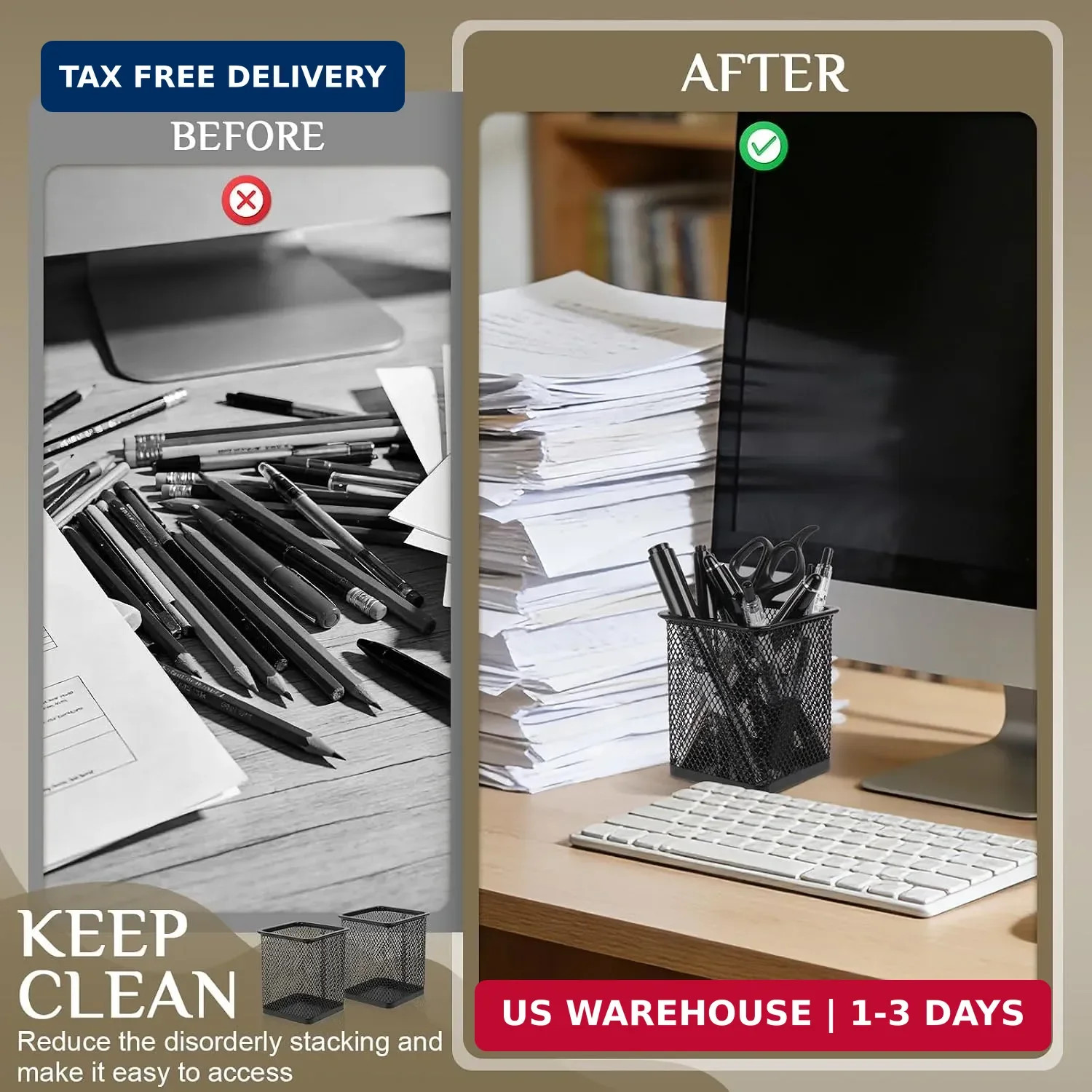 2 Pack Square Metal Pen Holder for Desk, 3.15 x 3.74 IN Pen Cups, Pencil Holder