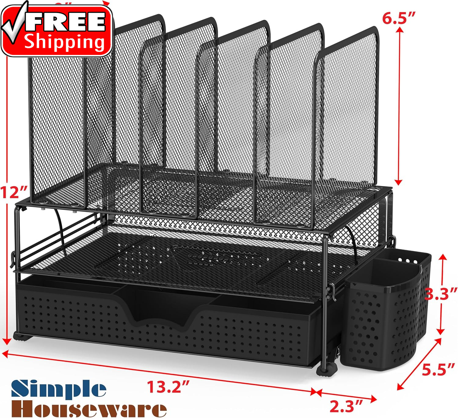 Mesh Desk Organizer with Sliding Drawer, Double Tray and 5 Upright Sections, Bla