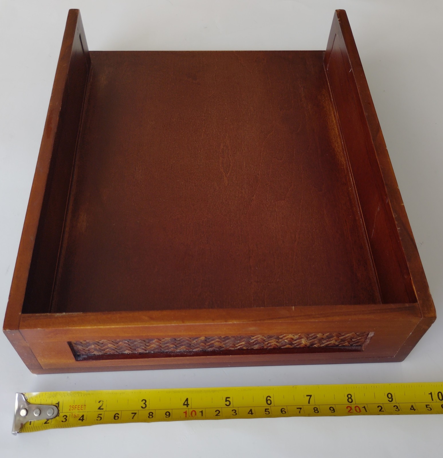 Vtg Wood Letter Tray Wicker Panels Wooden Desk Organizer Modern Mid Century Boho
