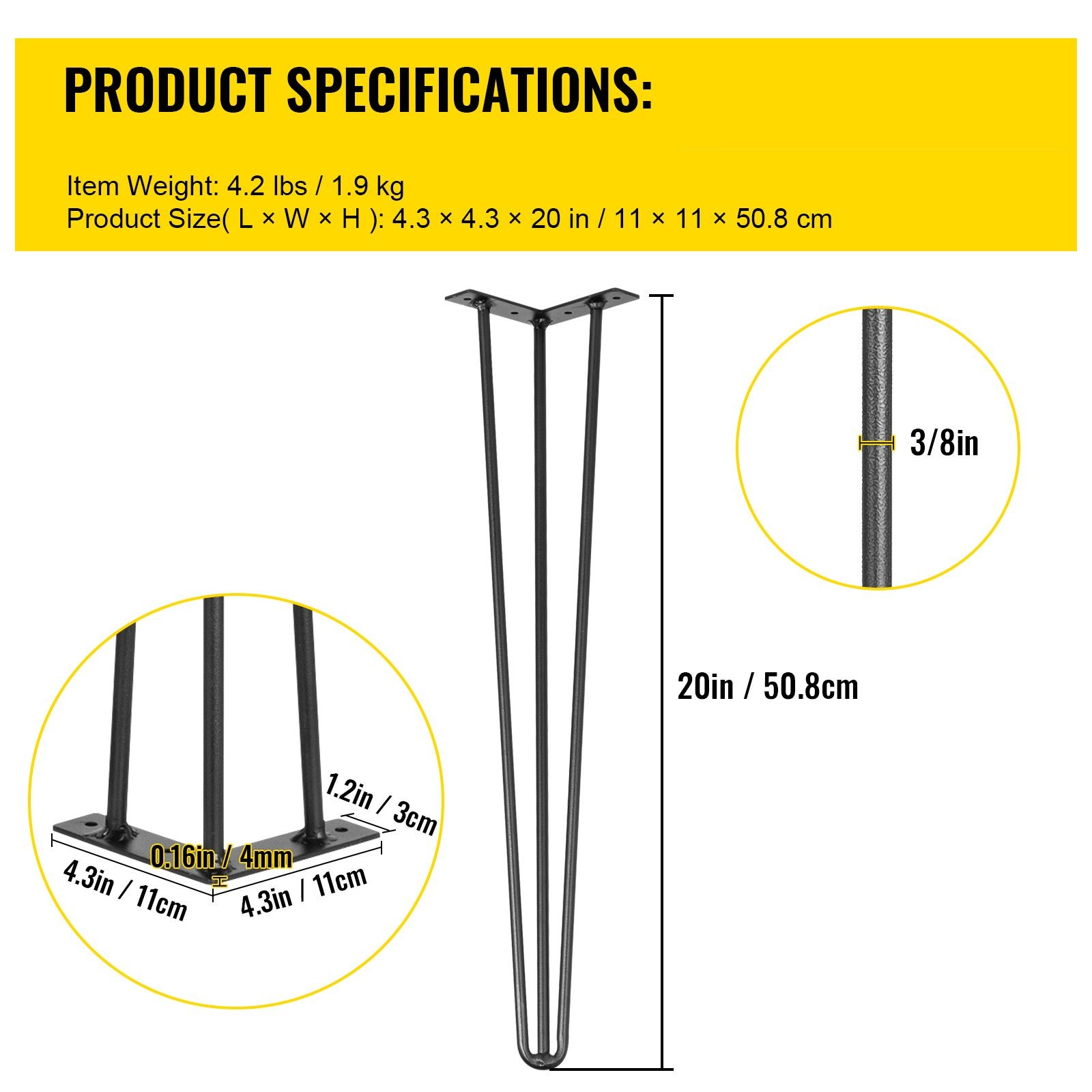 Hairpin Table Legs 20″ Black Set of 4 Desk Legs 880lbs Load Capacity (Each