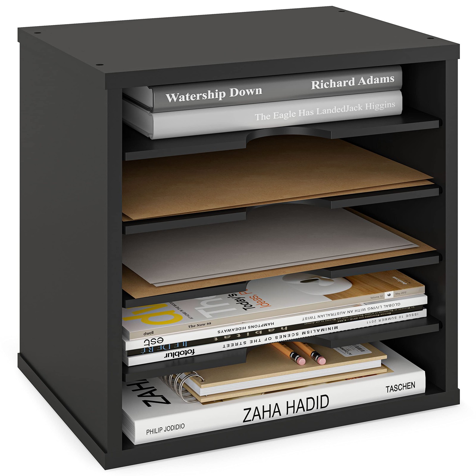 Black 5Tier File Organizer For Desk Wooden Mail Sorter Adjustable Shelves