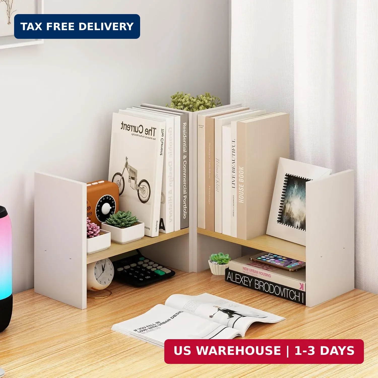 White Desk Organizers and Storage Small Desktop Bookshelf Length Expandable Desk