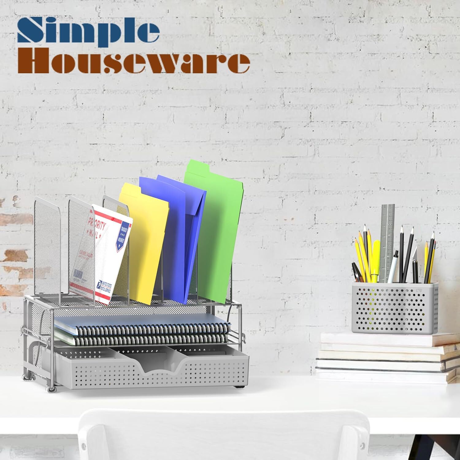 Mesh Desk Organizer with Sliding Drawer, Double Tray & 5 Upright Sections-Silver