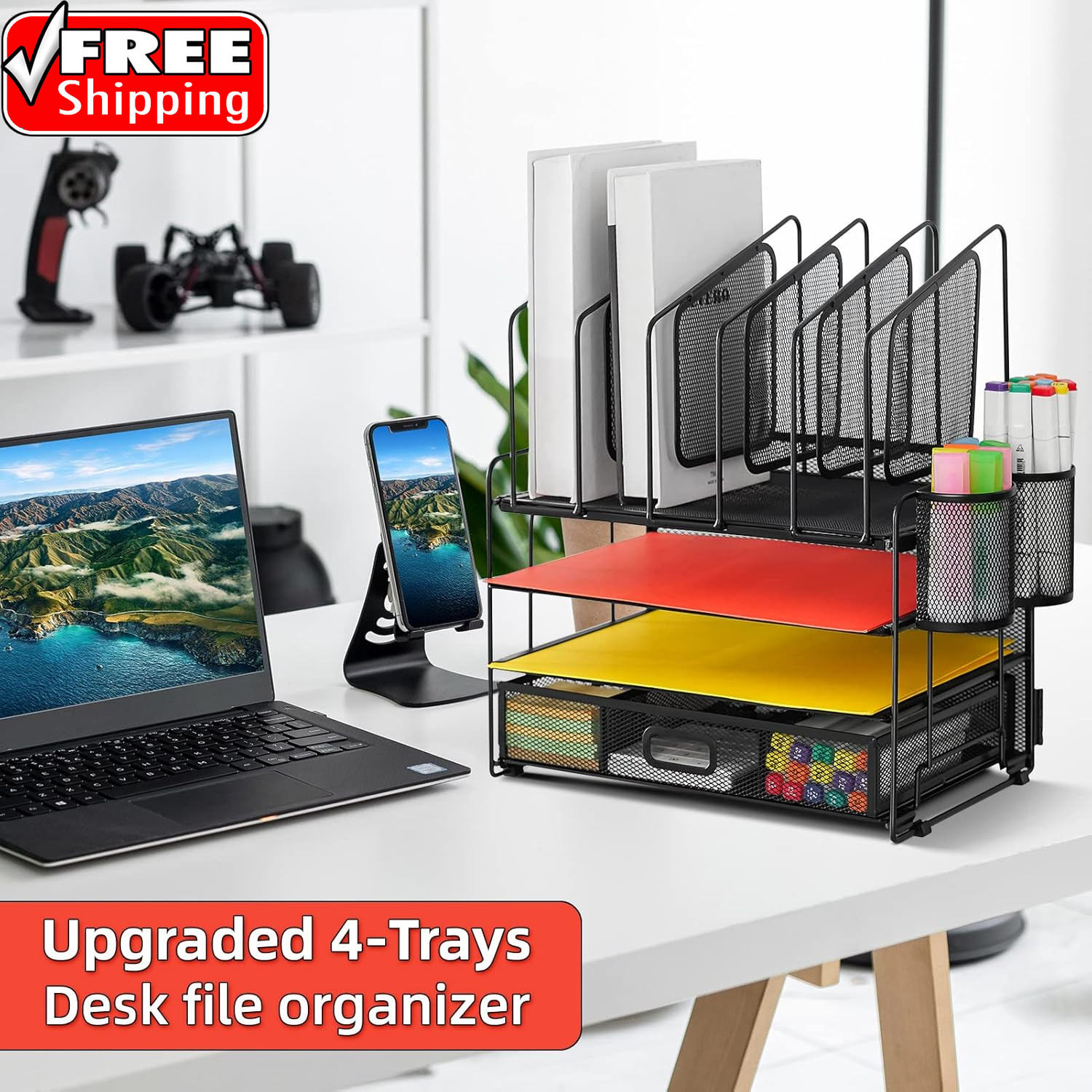 Desk Organizer with Drawer, 4-Tier Mesh File Organizer with 5 Vertical File Hold